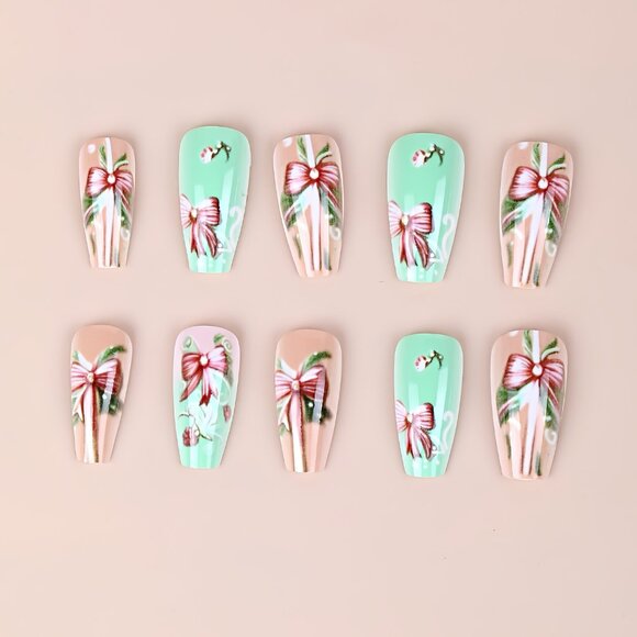 Press-On Nails Set, Christmas Gift Box Bow Design, Green & Mixed Color, Oval - Picture 4 of 5